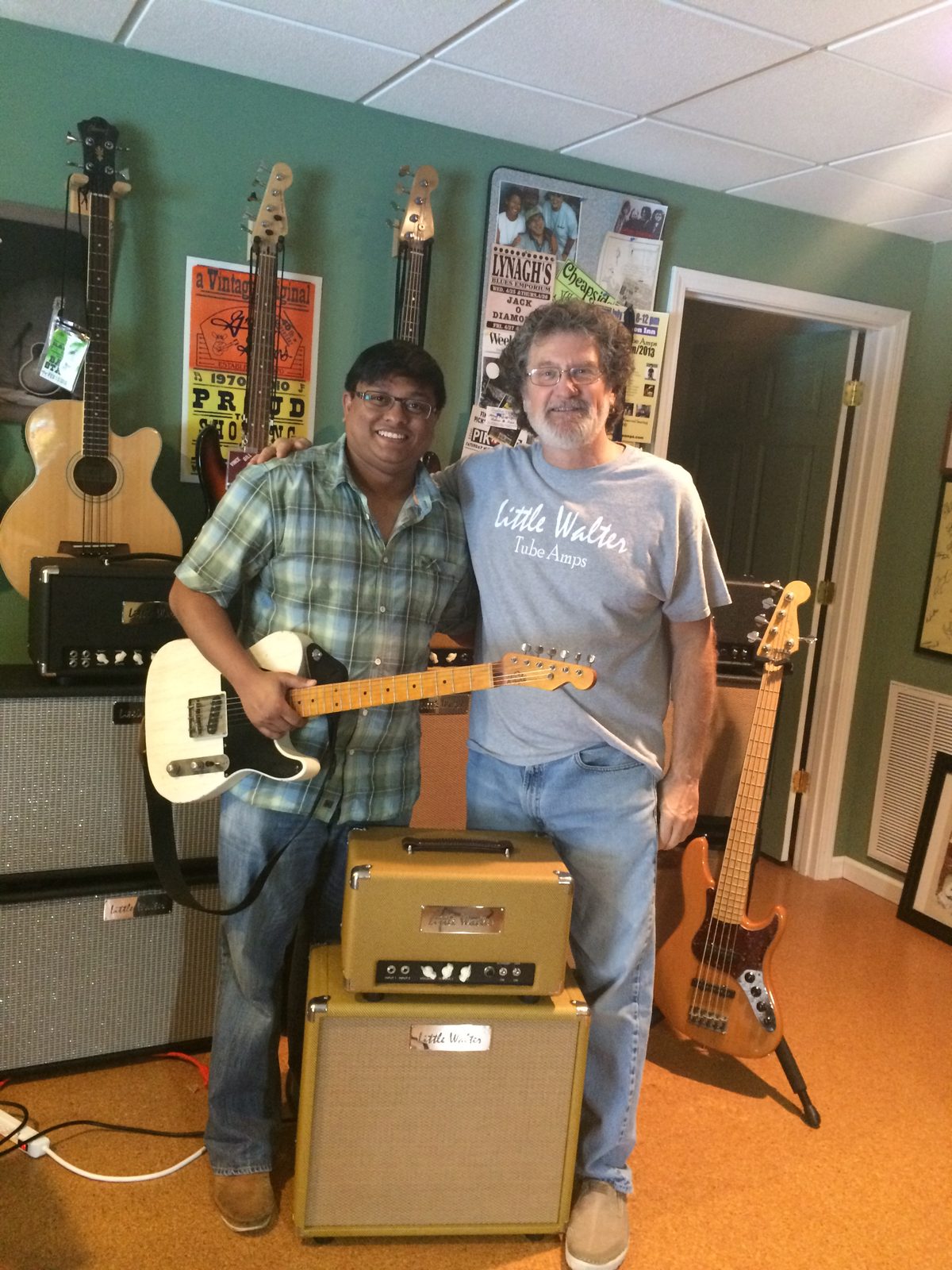 Sean with a Telecaster at a boutique tube amp workshop